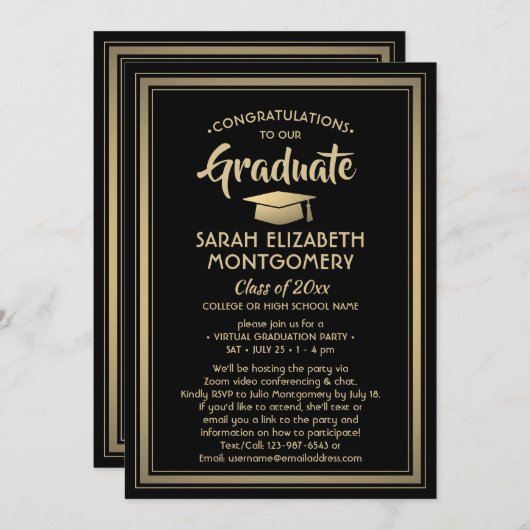 1 Foto Virtual Graduation Party Black and Gold Einladung (Vorne/Hinten)