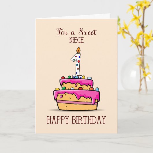 1. Geburtstag, 1. Geburtstag auf Sweet Pink Cake Karte (Gelbe Blume)