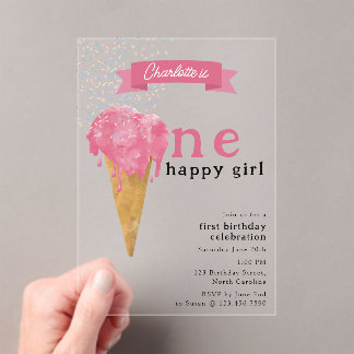 1. Geburtstag 1 glückliches Girl Pink Ice Creme Acryleinladungen
