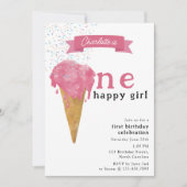 1. Geburtstag 1 glückliches Girl Pink Ice Creme Einladung (Vorderseite)