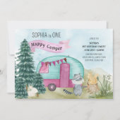 1. Geburtstag 1 Happy Camper Woodland Caravan Einladung (Vorderseite)