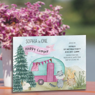1. Geburtstag 1 Happy Camper Woodland Caravan Einladung