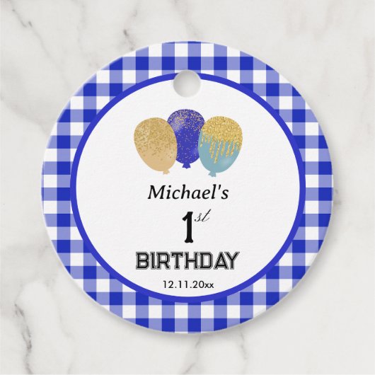 1. Geburtstag 3 Glitter-Ballons & Blau Gingham Geschenkanhänger (Vorderseite)