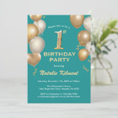 1. Geburtstag Aquamarin und Gold Glitzer Balloons Einladung (Stehend Vorderseite)