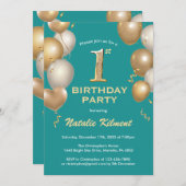 1. Geburtstag Aquamarin und Gold Glitzer Balloons Einladung (Vorne/Hinten)