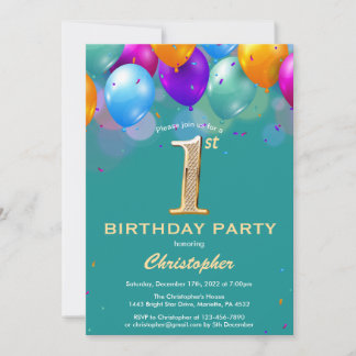 1. Geburtstag Aquamarin und goldfarbene Ballons Einladung