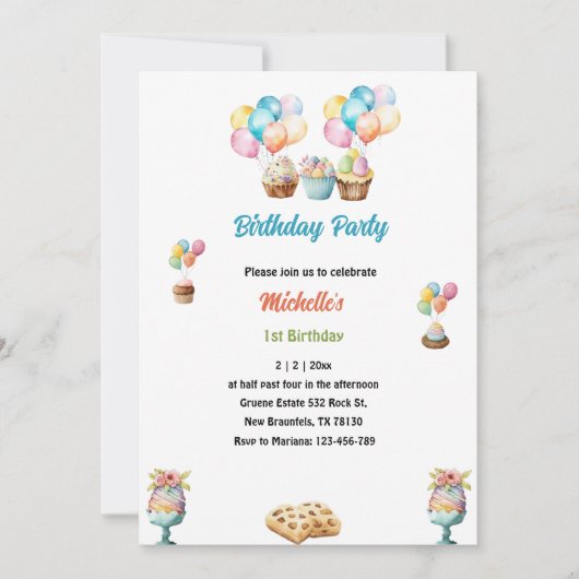 1. Geburtstag Aquarellkuchen Einladung (Vorderseite)
