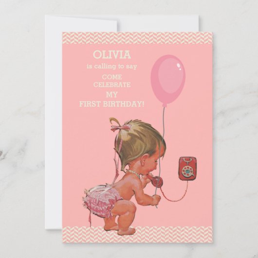 1. Geburtstag Baby Girl Phone Ballon Chevrons Einladung (Vorderseite)