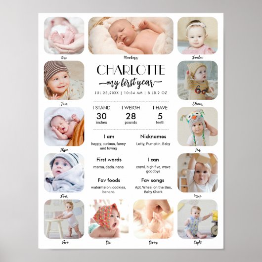 1. Geburtstag Baby Meilenstein Individuelle Bilder Poster (Vorne)