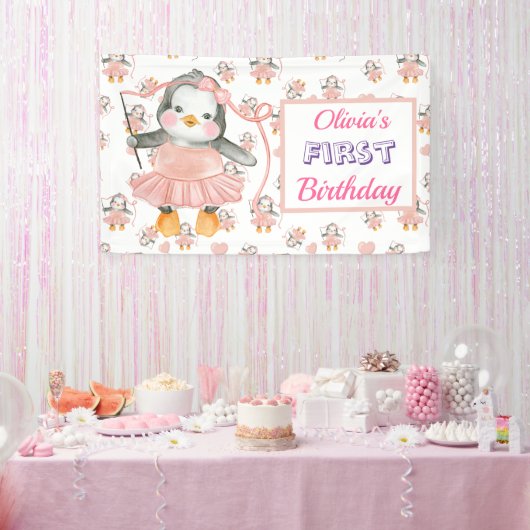 1. Geburtstag Ballerina Penguin Pink Banner (Party)