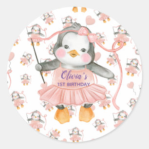 1. Geburtstag Ballerina Pinguin Pink Personalisier Runder Aufkleber