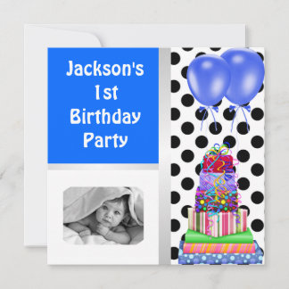 1. Geburtstag Ballons Geschenke Black & White Blue Einladung