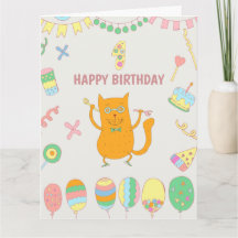 1. Geburtstag. Ballons und rote Katze.