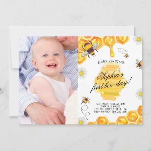 1. Geburtstag Bee Honey Girl Erstes Foto Einladung (Vorderseite)