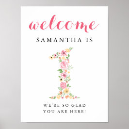 1. Geburtstag Begrüßungszeichen Pink Wasserfarbe F Poster