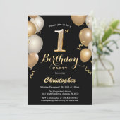 1. Geburtstag Black and Gold Balloons Confetti Einladung (Stehend Vorderseite)