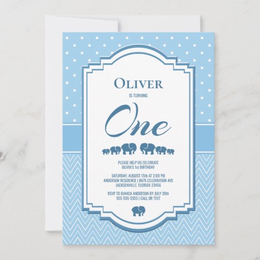1. Geburtstag Blaue Elefanten Einladung (Vorderseite)