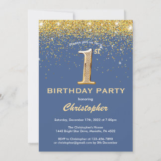 1. Geburtstag Blue and Gold Glitzer Confetti Einladung