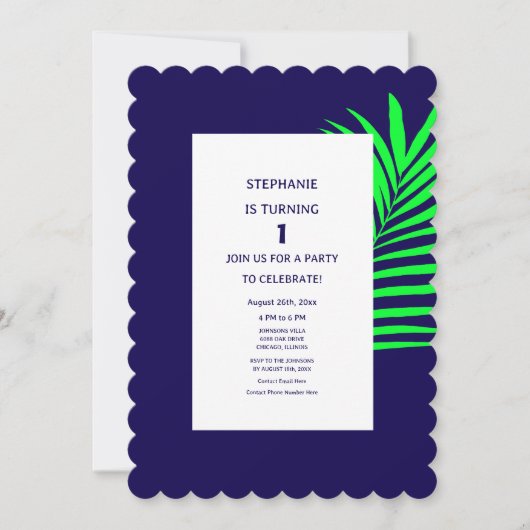 1. Geburtstag Blue Green Palm Leaf Tropical One Einladung (Vorderseite)