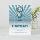 1. Geburtstag Blue Robot Themenparty Einladung (Stehend Vorderseite)