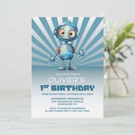 1. Geburtstag Blue Robot Themenparty Einladung (Stehend Vorderseite)