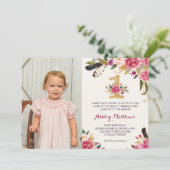 1. Geburtstag Boho Feder FIRST Floral Einladung (Stehend Vorderseite)