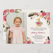 1. Geburtstag Boho Feder FIRST Floral Einladung (Vorne/Hinten)