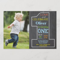 1. Geburtstag Boy Chalkboard Foto Einladung