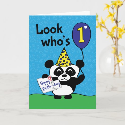 1. Geburtstag - Boy Panda mit Balloon & Card Karte (Gelbe Blume)