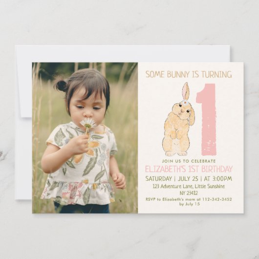 1. Geburtstag Bunny Daisy Foto Einladung (Vorderseite)