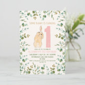1. Geburtstag Bunny Watercolor Eukalyptus Pink Einladung (Stehend Vorderseite)
