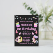 1. Geburtstag bunt Einhorn Kuchen schwarz Einladung (Stehend Vorderseite)