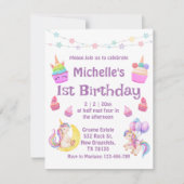 1. Geburtstag bunt Einhornkuchen lila Einladung (Vorderseite)