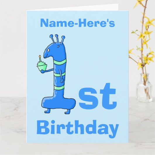 1. Geburtstag Cartoon, blau. Individuelle Name. Karte (Gelbe Blume)