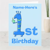 1. Geburtstag Cartoon, blau. Individuelle Name. Karte (Vorderseite)