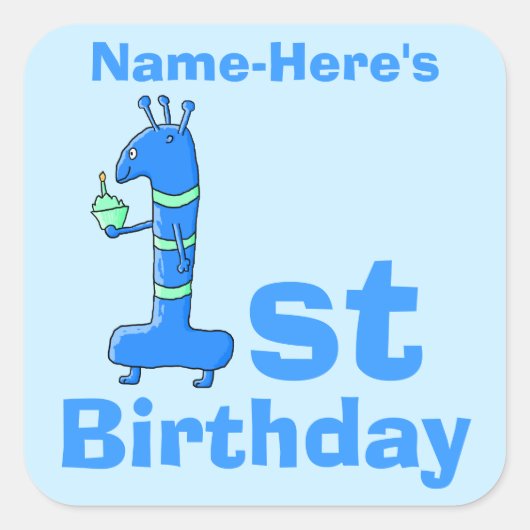 1. Geburtstag Cartoon, blau. Individuelle Name. Quadratischer Aufkleber (Vorderseite)