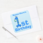 1. Geburtstag Cartoon, blau. Individuelle Name. Quadratischer Aufkleber (Umschlag)