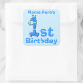 1. Geburtstag Cartoon, blau. Individuelle Name. Quadratischer Aufkleber (Tasche)