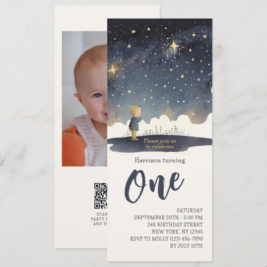 1. Geburtstag Celestial Stars Watercolor Boy Moder Einladung (Vorne/Hinten)