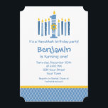 1. Geburtstag Chanukkas Einladung<br><div class="desc">Niedlicher personalisierter Entwurf für das 1. Chanukka des Babys und Geburtstag mit neun blauen Kerzen,  die wie ein menorah aussehen. Große Nr. 1 mit Davidsstern Und kundengerechten Text. PinkInkArt Vorlage!</div>