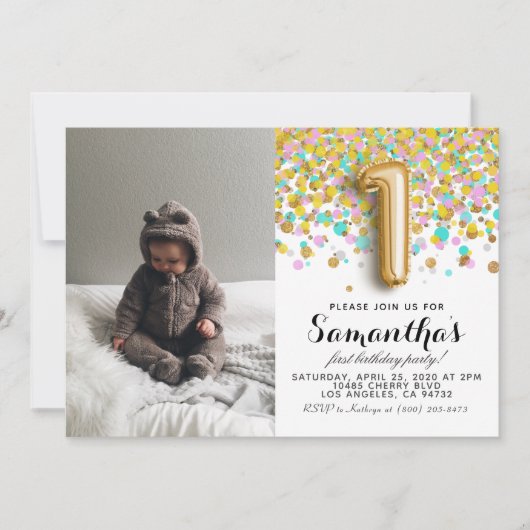 1. Geburtstag Confetti Portrait Einladung (Vorderseite)