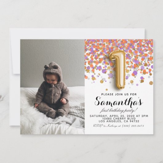 1. Geburtstag Confetti Portrait Einladung (Vorderseite)