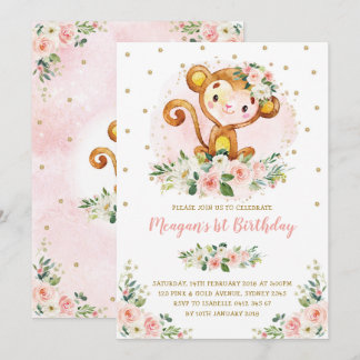 1. Geburtstag des Affen Blush Pink Floral Wild One Einladung
