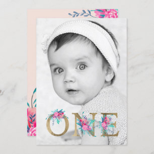 1. Geburtstag des Foto Chicgoldblumenbuchstaben Einladung