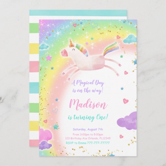 1. Geburtstag Einhorn-Party Einladung (Vorne/Hinten)