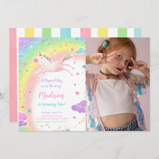 1. Geburtstag Einhorn Party Foto Einladung (Vorne/Hinten)