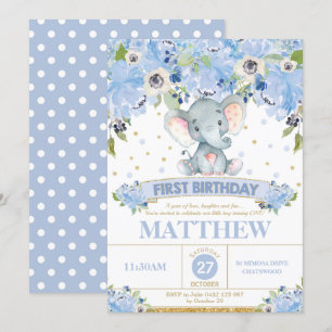1. Geburtstag Einladung Junge Niedlich Elefant Bla