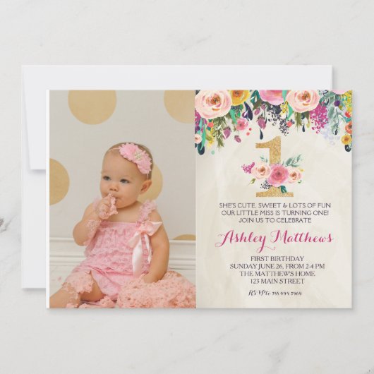 1. Geburtstag ERSTE schöne Blumeneinladung, Einladung (Vorderseite)