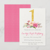 1. Geburtstag Erster Rosa Gold Floral Einladung (Vorne/Hinten)