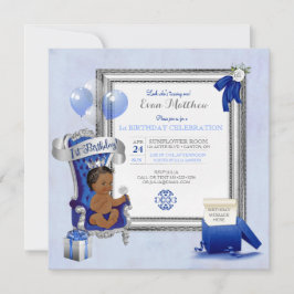 1. Geburtstag Ethnic Boy Royal Blue Silver Foto Einladung